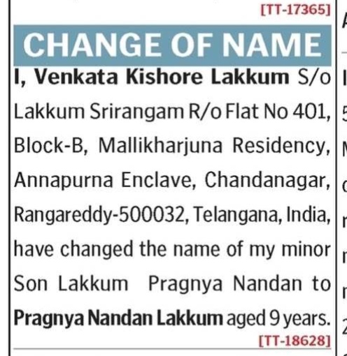 NAME CHANGE NOTICE - PRAGNYA NANDAN LAKKUM