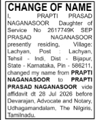 NAME CHANGE NOTICE - PRAPTU PRASAD NAGANASOOR