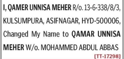 NAME CHANGE NOTICE - QAMAR UNNISA MEHER