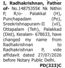 NAME CHANGE NOTICE - RADHAKRISHNANA