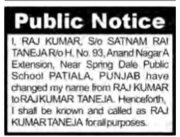 Name Change notice - Raj Kumar