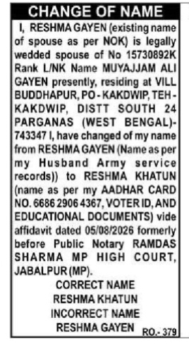 NAME CHANGE NOTICE - RESHMA GAYEN