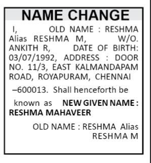 NAME CHANGE NOTICE - RESHMA MAHAVEER