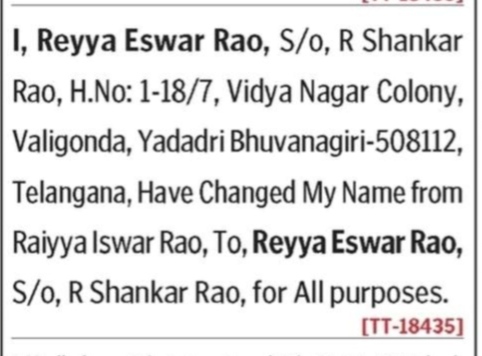 NAME CHANGE NOTICE - REYYA ESWAR RAO