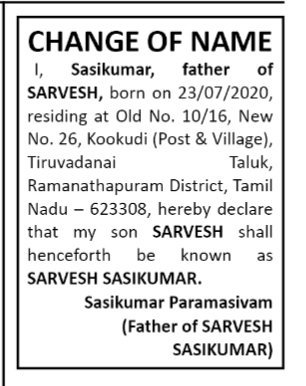 NAME CHANGE NOTICE - SARVESH SASI KUMAR