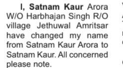 Name Change Notice- satnam kaur