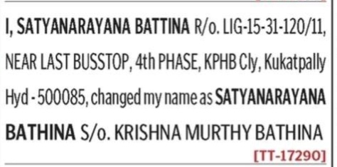 NAME Change notice -satyanarayana BATTINA