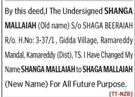 NAME CHANGE NOTICE- SHAGA MALLAIAH