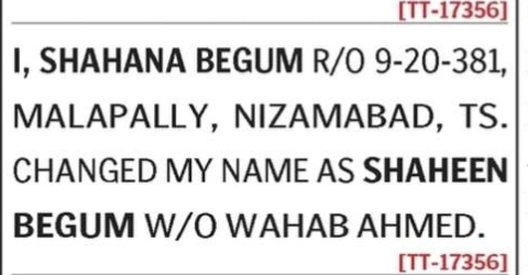 NAME CHANGE NOTICE - SHAHANA BEGUM