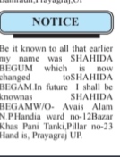 NAME CHANGE NOTICE - SHAHIDA BEGAM
