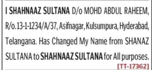 NAME CHANGE NOTICE - SHAHNAAZ SULTANA