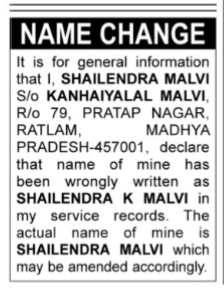 NAME CHANGE NOTICE - SHAILENDRA MALVI