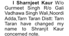 Name Change NOTICE - Sharnjeet Kaur to Shranjit Kaur