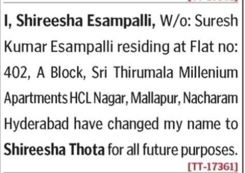 NAME CHANGE NOTICE - SHIRWESHA THOTA