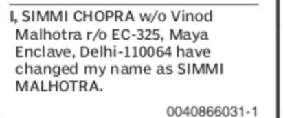 NAME CHANGE NOTICE - SIMMI MALHOTRA