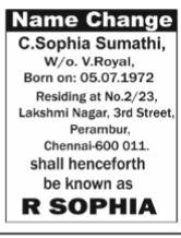 NAME CHANGE NOTICE - SOPHIA SUMATHI
