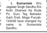 NAME CHANGE NOTICE - SUMANLATA SANDHU