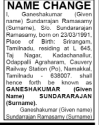 NAME CHANGE NOTICE - Sundarrajan Ramasamy to Sundararajan.