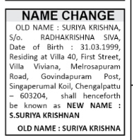 NAME CHANGE NOTICE - SURIYA KRISHNA