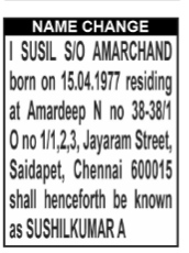NAME CHANGE NOTICE - SUSHILKUMAR