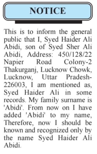 NAME CHANGE NOTICE - SYED HAIDER ALI ABIDI
