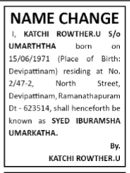 NAME CHANGE NOTICE - SYED IBURAMSHA UMAR KATHA