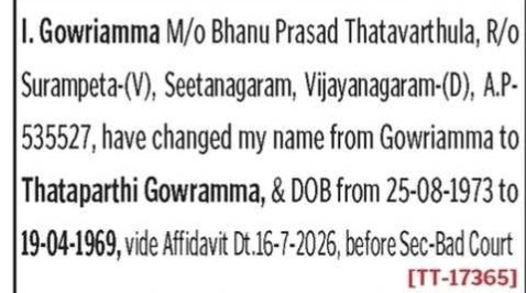 NAME CHANGE NOTICE - THATAPARTHI GOWRAMMA