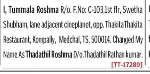 NAME CHANGE NOTICE-TUMMALA ROSHMA