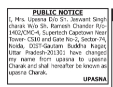 Name Change Notice -Upasna to Upasna Charak