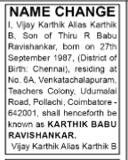NAME CHANGE NOTICE - VIJAY KARTHIK ALIAS