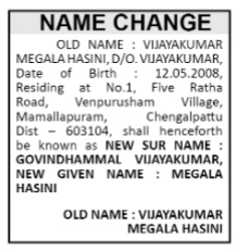NAME CHANGE NOTICE- VIJAYAKUMAR MEGALA HASINI