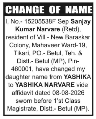 NAME change notice - Yashika Narvare
