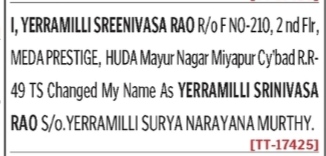 NAME CHANGE NOTICE - YERRAMILLI SREENIVASA RAO TO YERRAMILLI SRINIVASA RAO