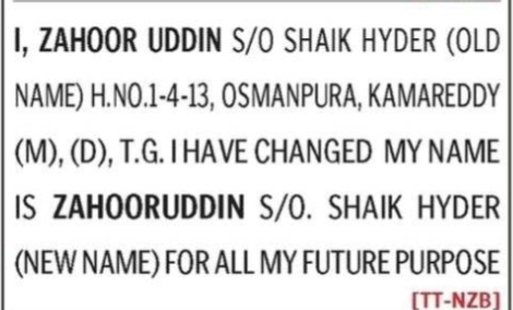 NAME CHANGE NOTICE- ZAHOORUDDIN