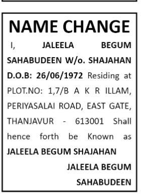 NAME CHANGE NOTIFICATION- JALEELA BEGUM SHAJAHAN