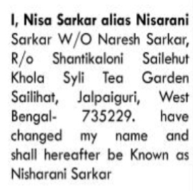 Name Change Notification: Nisa Sarkar to Nisharani Sarkar