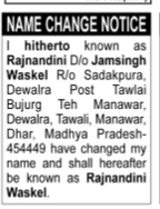 NAME CHANGE NOTIFICATION - RAJNANDINI