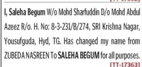 NAME CHANGE OF INDIVIDUAL SALEHA BEGUN