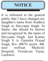 Name Change of Minor - Aradhya Singh to Devyaani Singh