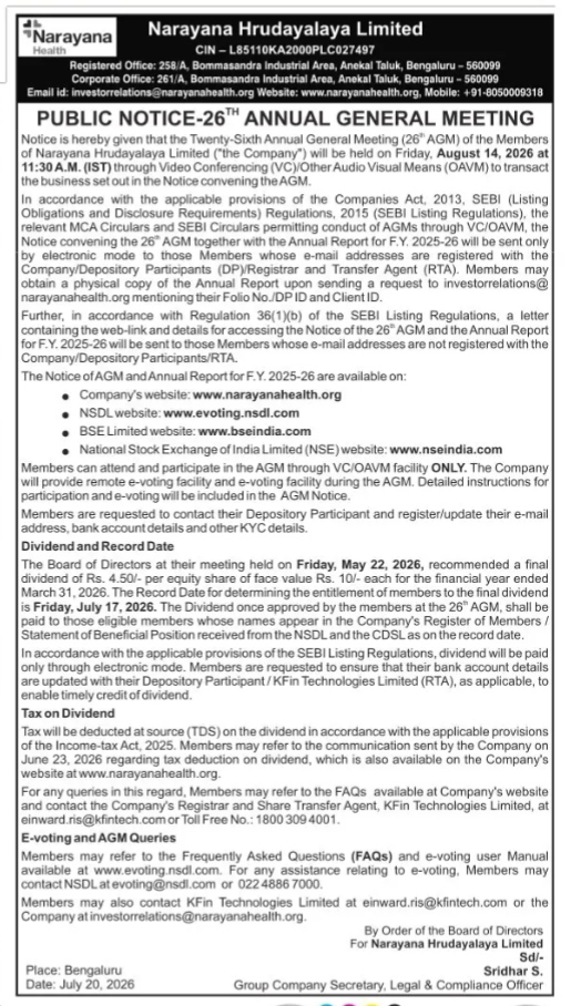 Narayana Hrudayalaya Limited: Public Notice of the 26th Annual General Meeting and Dividend Details