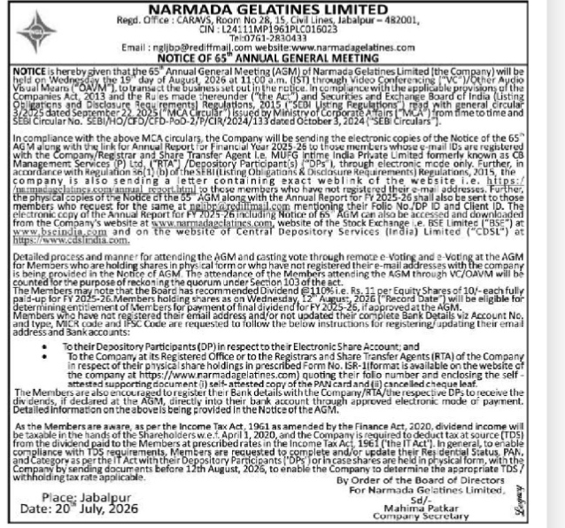 Narmada Gelatines Limited 65th AGM Notice