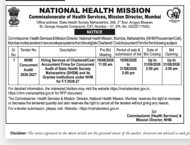 National Health Mission, Mumbai - Concurrent Audit Tender Notice (2026-2027)