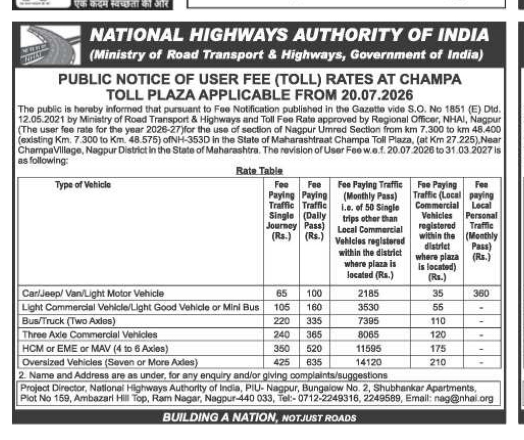 National Highways Authority of India (NHAI) Public Notice of Toll Fee Rates at Champa Toll Plaza (Effective 20.07.2026)