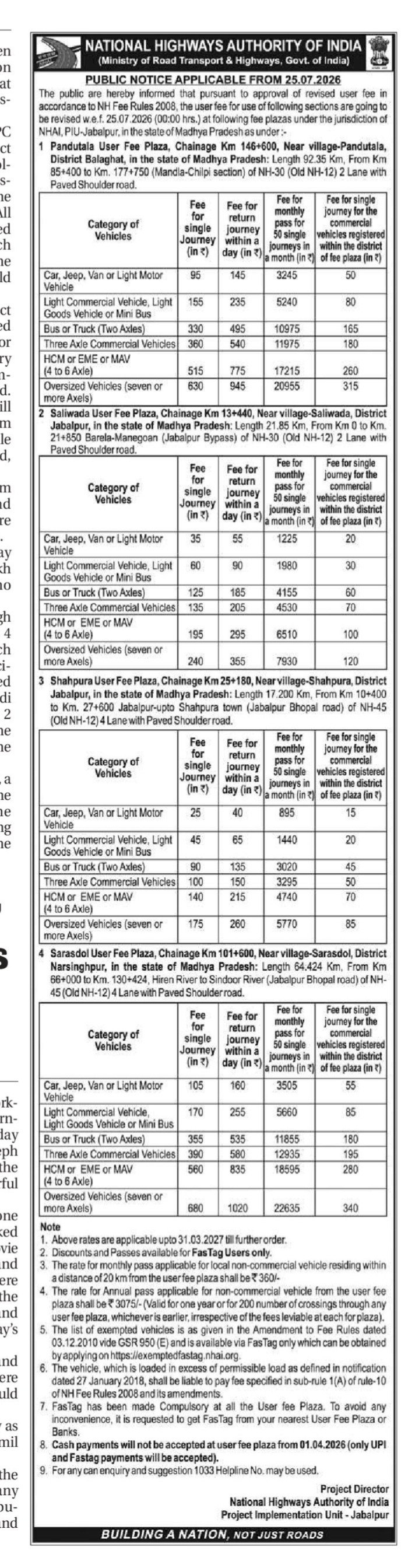 National Highways Authority of India (NHAI) Public Notice on Revised User Fee Rates (PIU-Jabalpur, 2026)