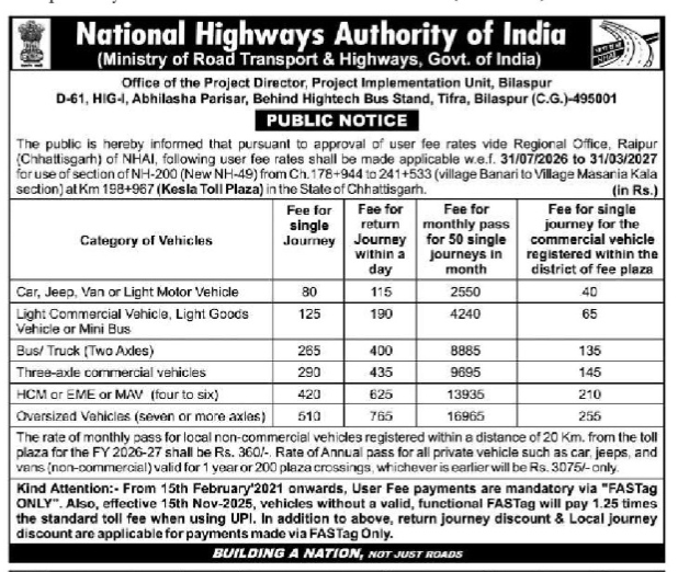 National Highways Authority of India (NHAI) Public Notice on Toll Fee Revision at Kesla Toll Plaza (NH-200 / New NH-49), Chhattisgarh.