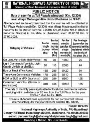 National Highways Authority of India (NHAI) Public Notice