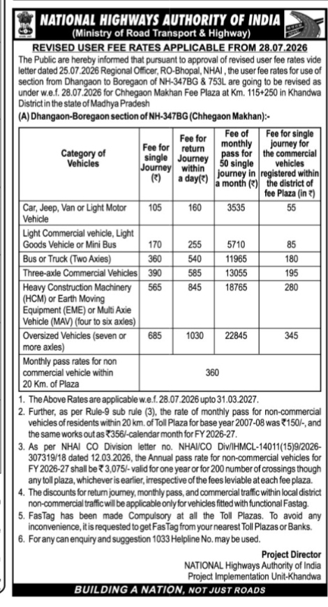 National Highways Authority of India Toll Fee Revision Notification (July 2026)