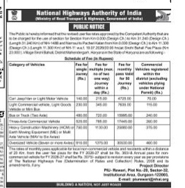 National Highways Authority of India Toll Fee Schedule 2026–27