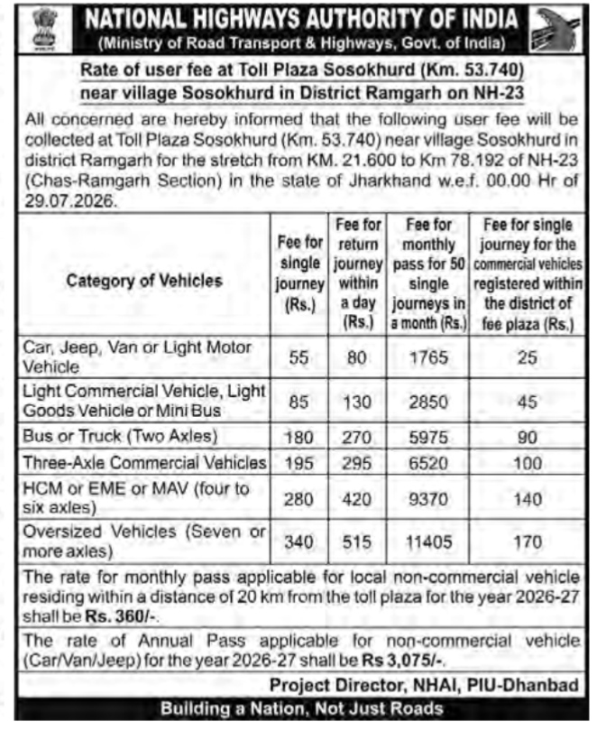 National Highways Authority of India Toll Fee Schedule (NH-23)