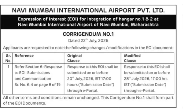 Navi Mumbai International Airport Corrigendum No. 1 (EOI Submission Extension)